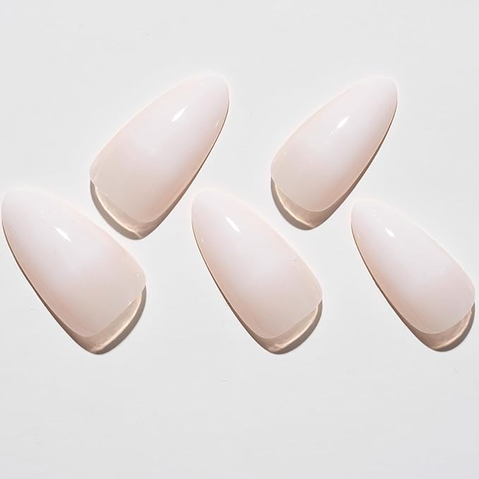 GLAMERMAID Press on Nails Medium Almond, White Ombre Gel False Nails, Glossy Short Stiletto Nude Glue on Nails Kit for Women, Reusable Short Oval Stick on Acrylic UV Finish Fake Nails Manicure Set