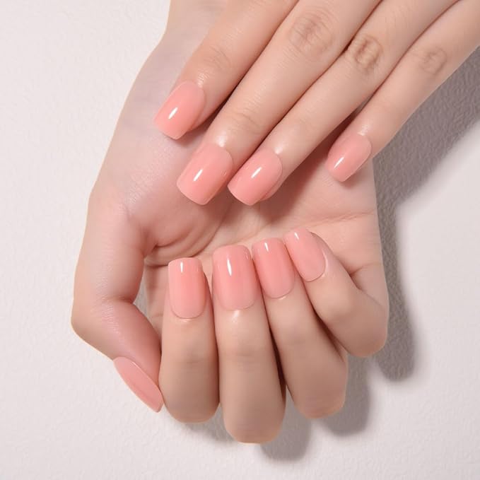 evpct Nude Pink Short Press on Nails Square, Glossy Soft Gel Acrylic Fake Press on Nails Manicure Kit, Reusable Artificial Stick on Nail for Women, Full Cover Easy Application Easy At-Home Salon