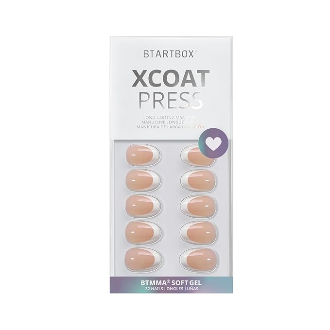 BTArtbox Press On Nails Short - Extra Short Almond French Tip Press On Nails Nude, Fake Nail with Nail Glue, Natural Reusable 32pcs Fake Nails Kit