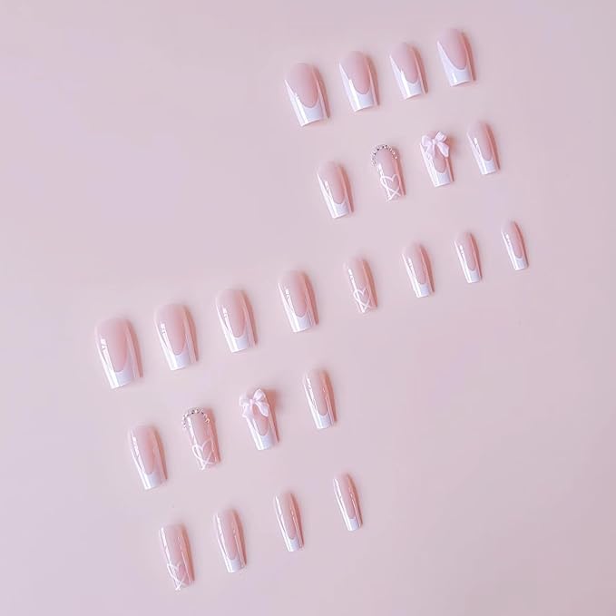 Press on Nails Medium Coffin - Pink Fake Nails with Bow Heart Design - White French Tip False Nails Press ons - for Women 24 Pcs