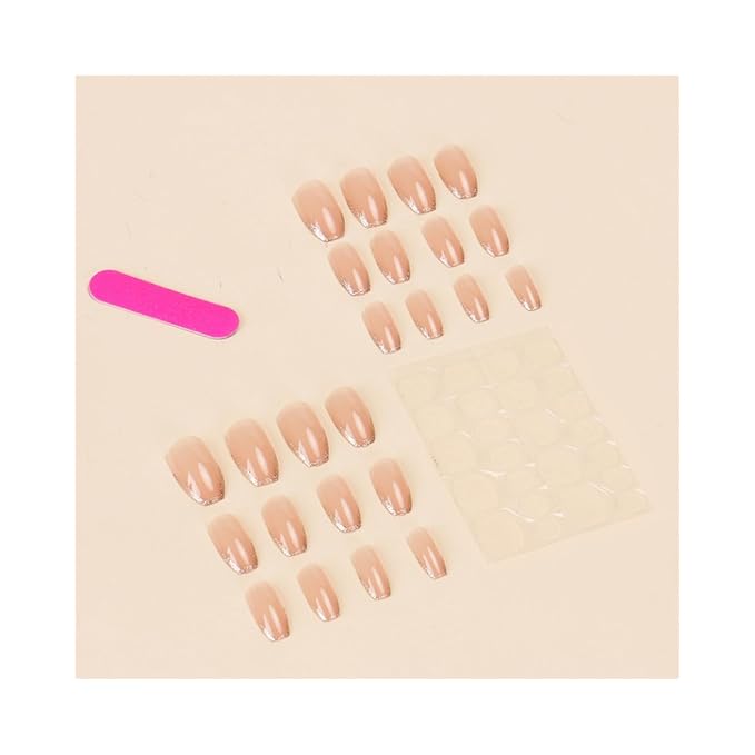 SHELWIN French Press On Nails Ready-To-Wear DIY Manicure Stick On Nails kit for Women 24 Pcs Short Medium Coffin Almond Shaped False Nails Gifts（Pink Sparkle）