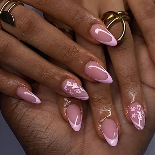 XZMeiLun French Tip Press On Nails Spring Summer Acrylic Nails for Women -Pink Flower Designer Fake Nails Short Almond 24Pcs,Outing/Party Reusable Glue On Stick On Nail Gift For Women