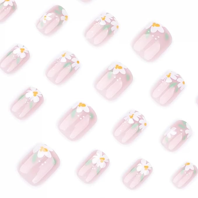 Short Press on Nails Square - Cute Fake Nails with Flower Leaf Design - Spring Full Cover Stick on False Nails for Women - 24 Pcs