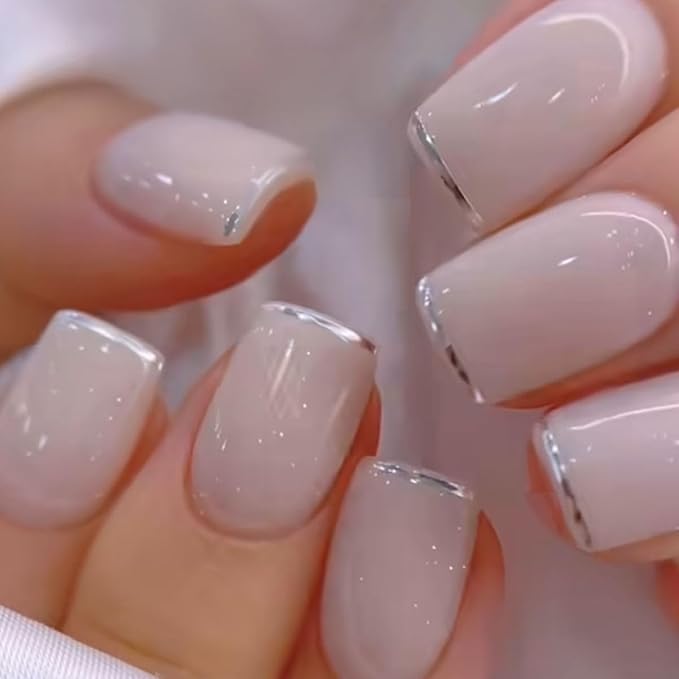 Curvlife Press on Nails Acrylic Fake Nails with Design Full Cover False Nails for Women Reusable Nail Kit with Nail Glue Adhesive Tabs Nail File (Ivory silvery white, Medium)