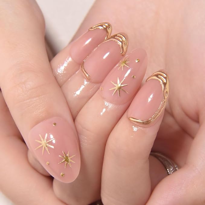 XZMeiLun Short Almond Press on Nails with French Tip & 3D Gold Line Star Design, Glossy Full Cover Acrylic False Nails with Glue, Reusable Stick - Glue on Fake Nails for Women- Fall Nail Art Gift