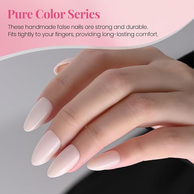 evpct Glossy Press on Nails Short Almond Short for Women, Nude White Fake Nail with Kits Salon Quality Reusable Stick on Nails In 15 Sizes 30Pcs Full Cover False Nail Soft Gel Set Kit for Gift, 09