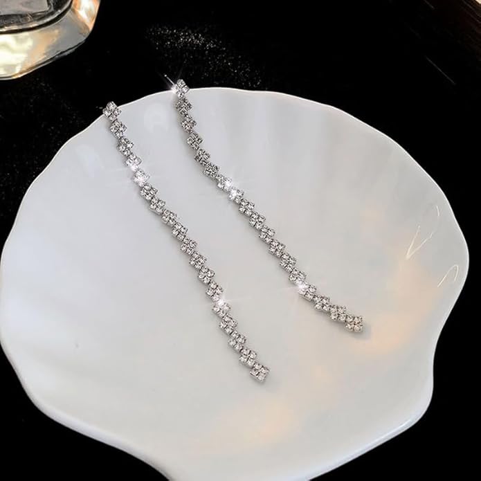 HERIER Rhinestone Earrings Dangling for Women Chandelier Statement Tassel Earrings Girls Silver Sparkly Drop Cubic Zirconia Crystal Earrings Long Dangle Costume Jewelry