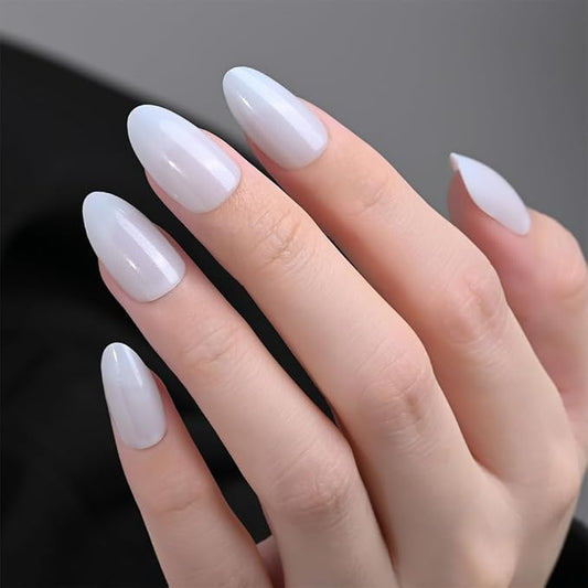 evpct Press on Nails Almond Short, White Glitter Shimmer Shiny Short Almond Fake Nails for Women Gift, Soft Gel Press Stick on Nails with Nail Kit, 30Pcs Reusable Acrylic Fake Nail Manicure Kit Set