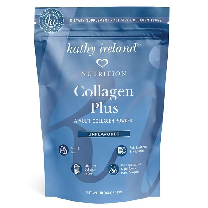 AMAXI Kathy Ireland Multi Collagen Protein Powder Peptides, Types I, II, III, V, X Unflavored, 20g Protein per Serving, Bovine, Chicken, 16 oz