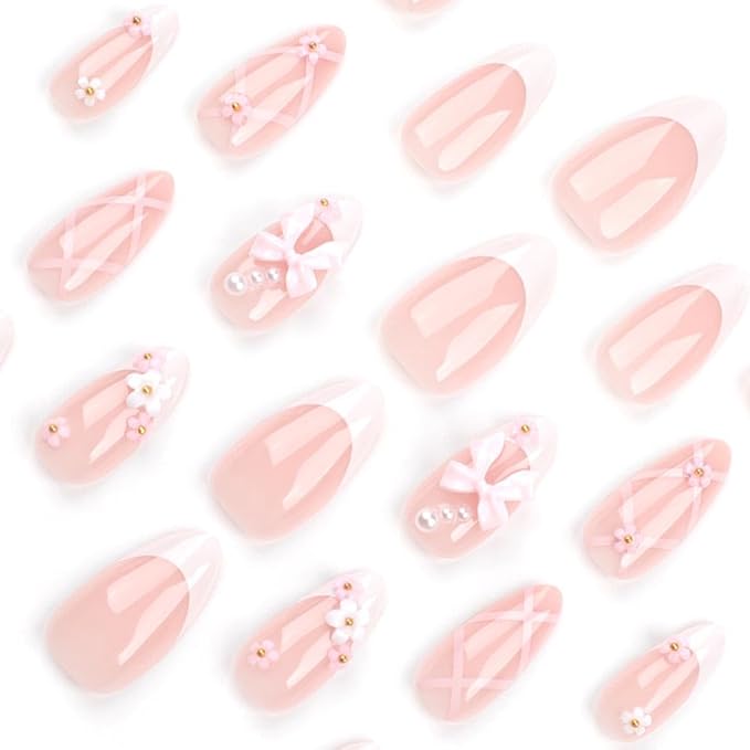 Foccna French Press on Nails Medium Rhinestone Pink Fake Nails Almond Bling Glossy 3D Flower False Nail Tips Artificial Nails Finger Manicure for Women&Girls -24 pcs