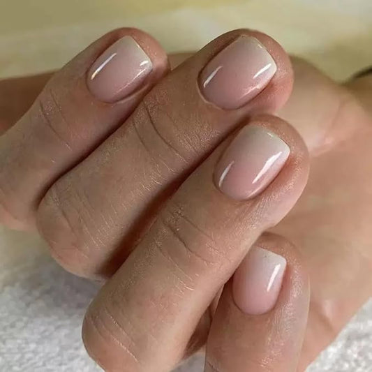 Extra Short Press on Nails Square - Ombre Fake Nails with Glossy Design - Nude False Nails Press ons - for Women Manicure 24 Pcs