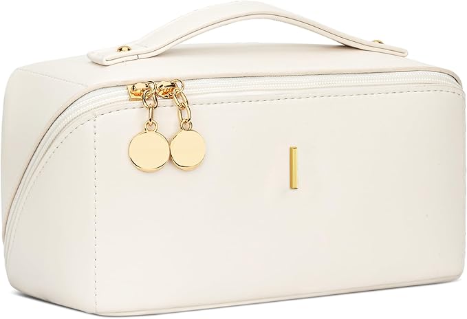 Gifts for Women Bridesmaid Gifts Personalized Initial Makeup Bag PU Leather Cosmetic Waterproof Travel Toiletry Bag (Medium)