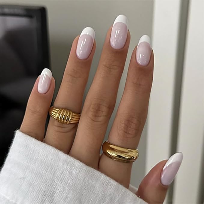 XZMeiLun White French Tips Press On Nails Almond Short, Grey Purple Press On Nails, Designer Reusable Acrylic Nails Press Ons, Fake Nails With Glue On Nails, Daily Wear Floral False Nails For Women