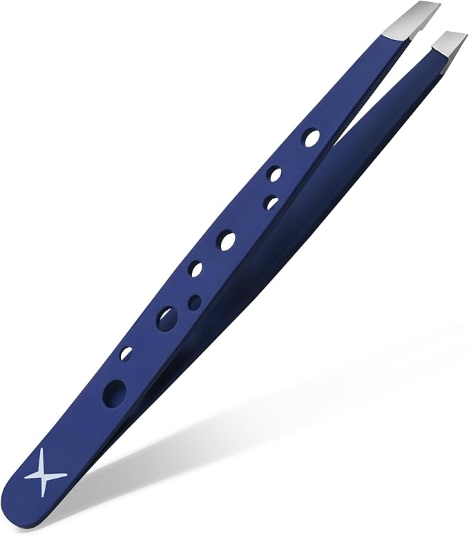 Premium Slant Tip Tweezers – Handmade Japanese Stainless Steel, Ultra-Precise Hair Removal Tool for Brows, Ingrowns & Splinters – Ergonomic 9-Hole Grip, Professional Salon Quality (Midnight Blue)