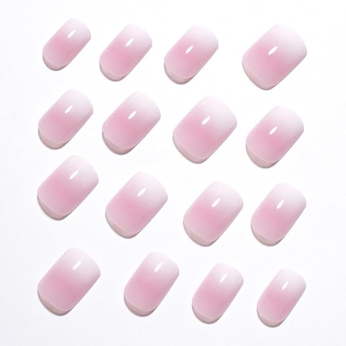 XZMeiLun Pink Ombre Press On Nails Short Square, Gradient French Tip Designer Fake Nail Reusable Real Acrylic Nails for Women, Glossy Soft Gel False Nail with Glue On Nails, Wedding Stick On Nail