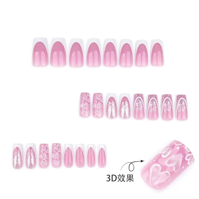 CTTHNBD Press on Nails Square - Medium Pink Fake Nails with Heart Desgin - White French Tip False Nails Press ons - for Women 24 Pcs