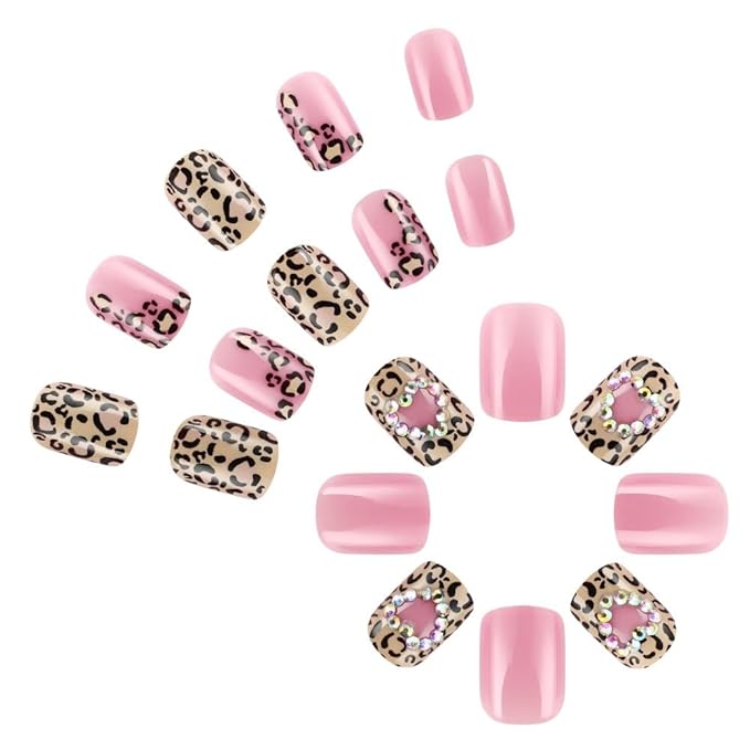 Press on Nails Short Square - Pink Fake Nails with Leopard Print Design - Heart Rhinestone Full Cover Stick on Winter False Nails for Women 24 Pcs