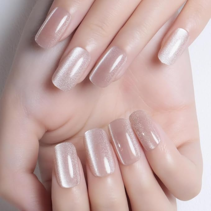 Light Nude Cat Eye Press on Nails Medium Square, Medium Square Press Stick on Nails Chrome for Women Gift, Nude Holographic Glitter Glossy Reusable Soft Gel Acrylic Fake Nail with Cateye Effect Design
