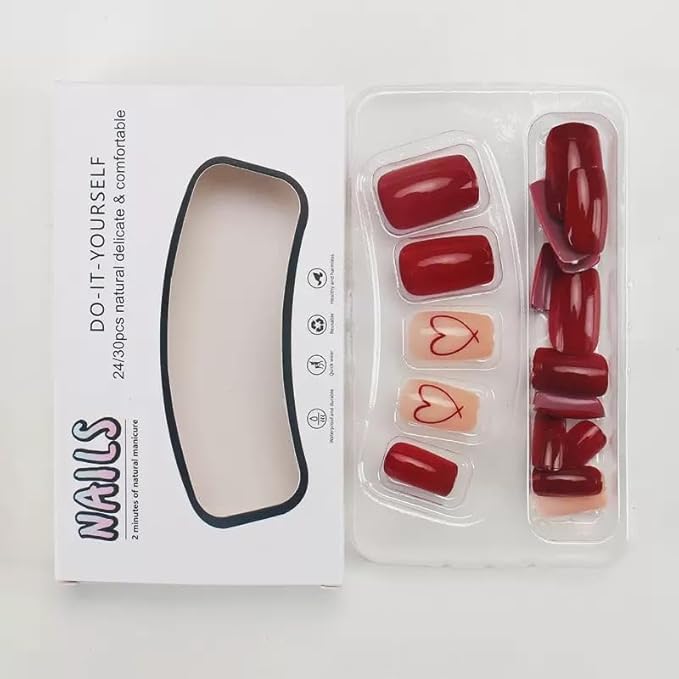 CTTHNBD Press on Nails Square - Short, Red Fake Nails with Heart Design - Solid Color Full Cover Stick on False Nails - for Women 24 Pcs