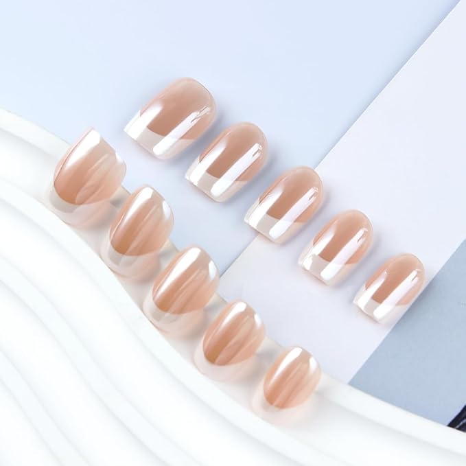 XZMeiLun Press On Nail, French Tip Chrome Acrylic Press On Nails Short Square, Designer Reusable Glazed Fake Nails, Glossy Soft Gel Nails Wedding and Party, Stick On Glue On Nails Press Ons for Women