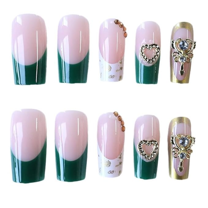 Green French Tip Press on Nails Medium Coffin Fake Nails with Flower Heart Charms Design - Full Cover Stick on Press ons - for Women Manicure 24 Pcs