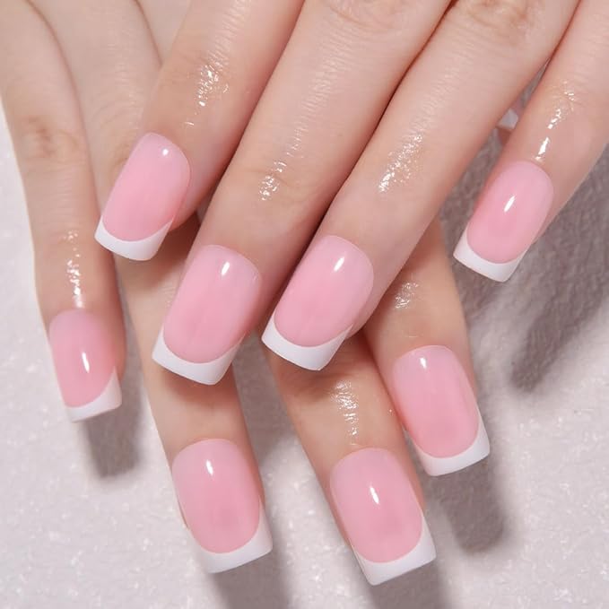 XZMeiLun Pink White French Tips Press on Nails, Short Square Acrylic Fake Nails Design, Natural Reusable Glue-On Nails Kit for Women DIY False Nail Art Decoration Gift, Salon Quality Reusable 32 Psc