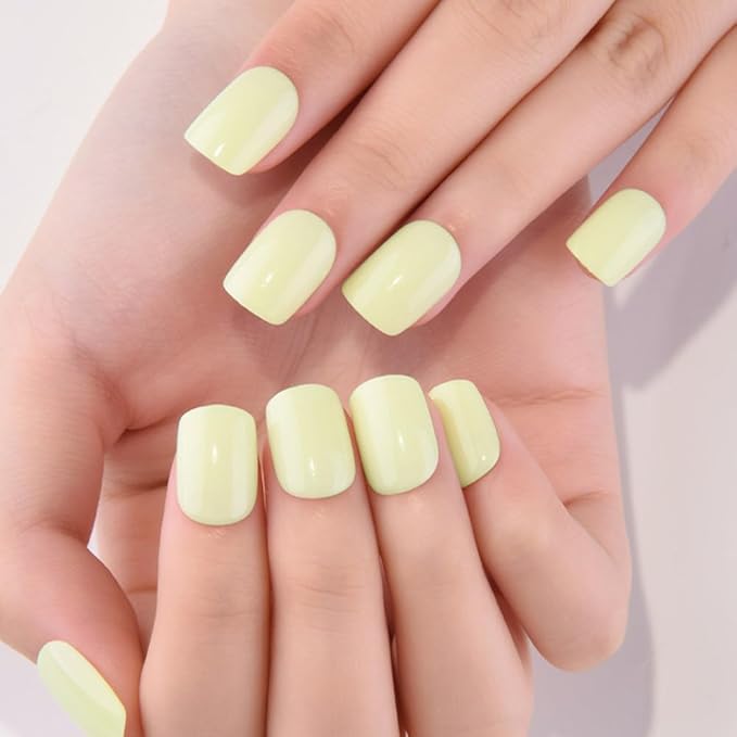 evpct Pale Yellow Glossy Press on Nails Short Square, Glossy Yellow Fake Nails Summer Reusable, Acrylic False Nail Stick on Press ons for Women Gifts, Perfectly Fit False Nail Kit with Kits 30Pcs
