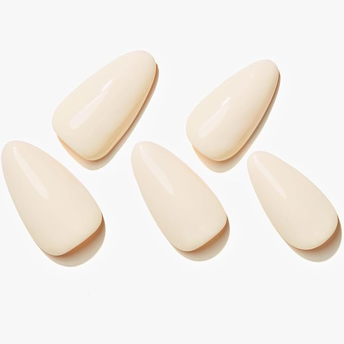 GLAMERMAID White Press on Nails Medium Almond, Handmade Milky Cream White Neutral Jelly Sofy Gel Glue on Nail Stiletto, Glossy Fake Nails Short Oval，Reusable Acrylic Stick on False Nail Kits for Women