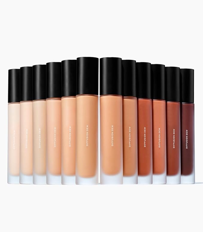 MAKE Beauty Diffusion Dew Skin Tint. Sheer to Medium Coverage Radiant Finish. Blurring, Smoothing, and Brightening for Glowing Complexion. Enhanced with Niacinamide and Adenosine. Hazelnut 16