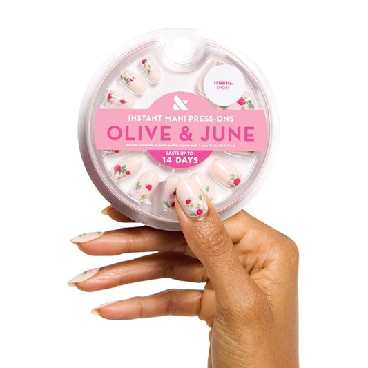 Olive & June Instant Mani Press-On Nails | (Glue) Short, Squoval 42 Fake Nails, 21 Sizes | Non-Toxic, Long-Lasting Recycled Materials Realistic Look | Salon-Quality at Home | Rose Bouquets