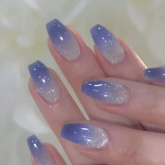 Coffin Press on Nails Medium - Blue Fake Nails with Ombre Glitter Deisgn - Gloosy Full Cover Stick on False Nails - for Women 24 Pcs