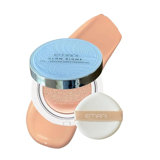 Emani Glow Biome NAD+ Serum Foundation for Sensitive Skin, Lightweight Skin-Like Coverage, With Vitamin C, Peptides, Ceramides, Avocado Oil, Refillable Compact, 0.63 fl oz, Medium Glow