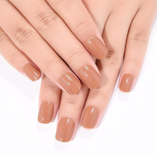 evpct Nude Brown Short Press on Nails Square, Glossy Soft Gel Acrylic Fake Press on Nails Manicure Kit, Reusable Artificial Stick on Nail for Women, Full Cover Easy Application Easy At-Home Salon
