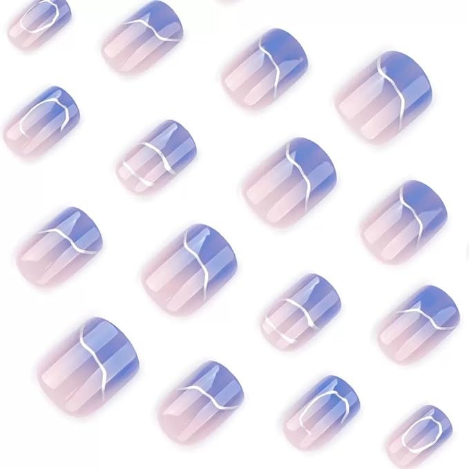 CTTHNBD Press on Nails Short - Square Fake Nails with Silver Irragular Design - Blue Ombre False Nails Press ons - for Women 24 Pcs
