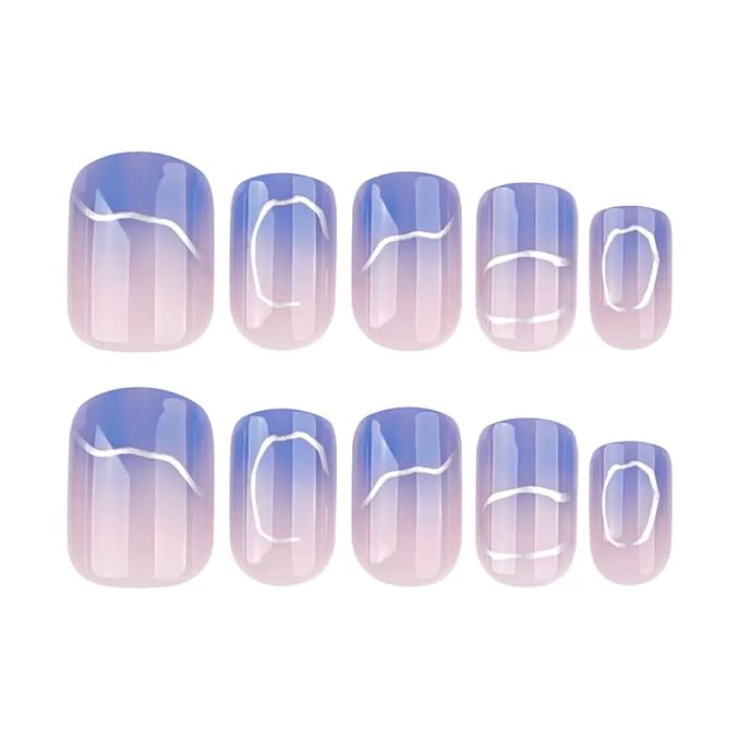 CTTHNBD Press on Nails Short - Square Fake Nails with Silver Irragular Design - Blue Ombre False Nails Press ons - for Women 24 Pcs