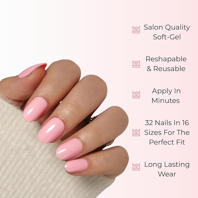 RPNZL Press On Nails - Petal Pink I Solid Opaque Light Pastel Pink Short Oval Nails, Salon Quality, 32 Nails, 16 Sizes Kit with Glue and Adhesive Tabs - Female Founded