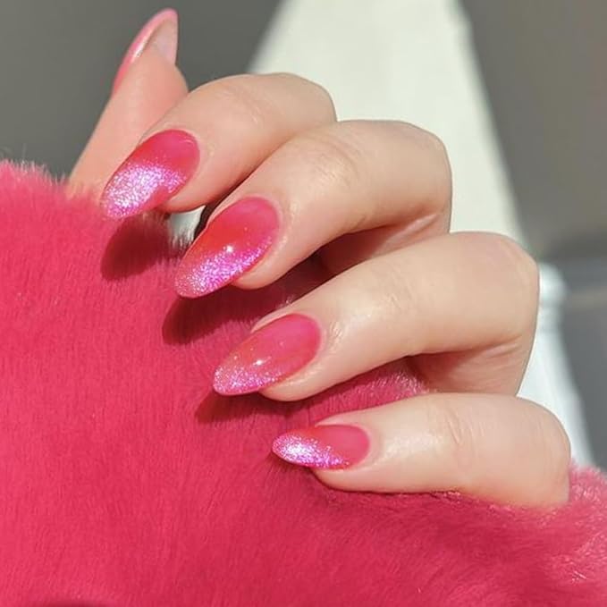 GLAMERMAID Pink Blue Magnet Cat Eyes Press On Nails Short Almond, Aurora Magnetic Handmade Soft Jelly Gel Fake Nails, Ombre Round Oval Stick Glue on Nail Kit for Women, Reusable Acrylic False Nail Set