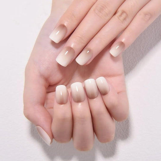 evpct Ombre Nude to Brown Press on Nails Extra Short, Petite Short Square Glossy Stick on Nails for Women Gift with Manicure Kit, Reusable Soft Gel Stick on Fake Nail with Ombre Designs Perfectly Fit