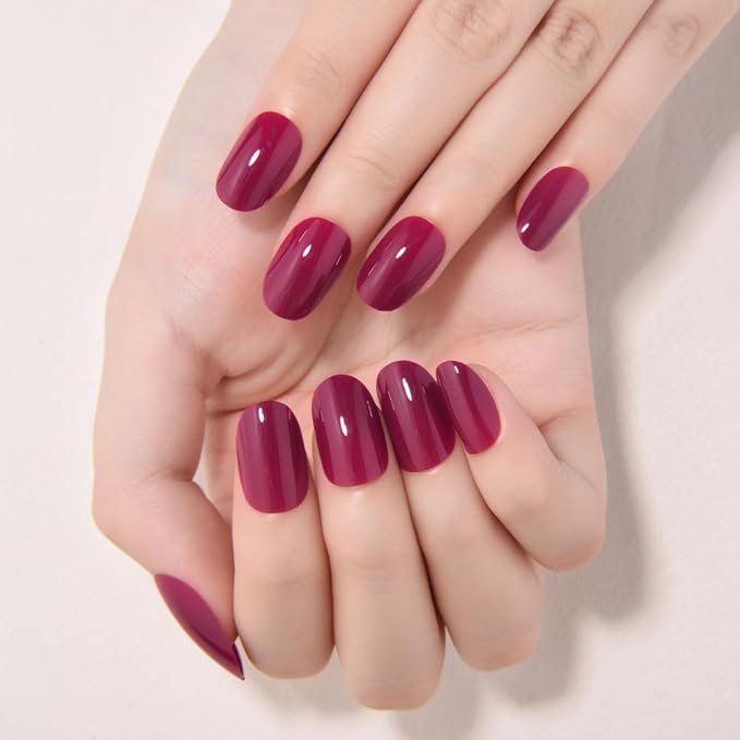evpct Burgundy Red Medium Oval Glossy Press on Nails for Women Gift, Glossy Burgundy Red Fake Nail with Kits Manicure Kit, Soft Gel Full Cover Reusable Stick on Acrylic False Nails Perfectly Fit