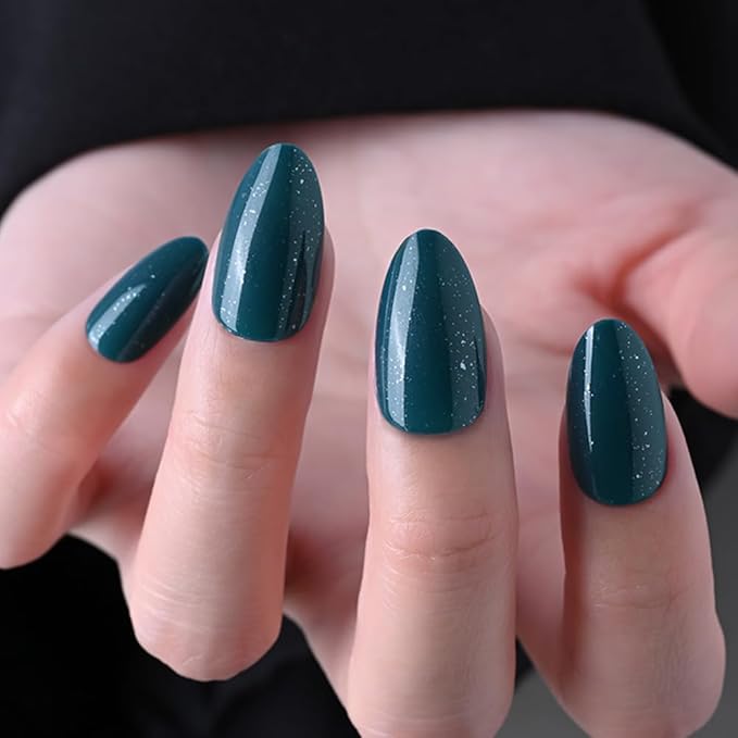 evpct Dark Cyan Green Press on Nails Short Almond, Glitter Shimmer Shiny Short Almond Fake Nails for Women Gift, Soft Gel Press Stick on Nails with Nail Kit, 30Pcs Reusable Acrylic Nail Manicure Kit