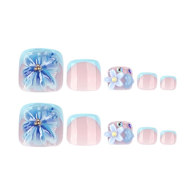 24pcs Summer Blue Press on Toenails 3D Flower Fake Toenails Press On Nails Short French Toe False Nails Flash Diamond Decor Feet Nail Art Short Square Summer Nail Tips for Women
