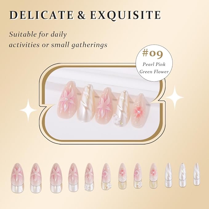 evpct 3D Pearl Pink Green Handmade Press On Nails Almond Medium, 3D Flower Design Fake Nails Rusable for Spring & Summer Daily Wear, False Acrylic Nail with Kits Press ons Nail for Women Gift, 24Pcs