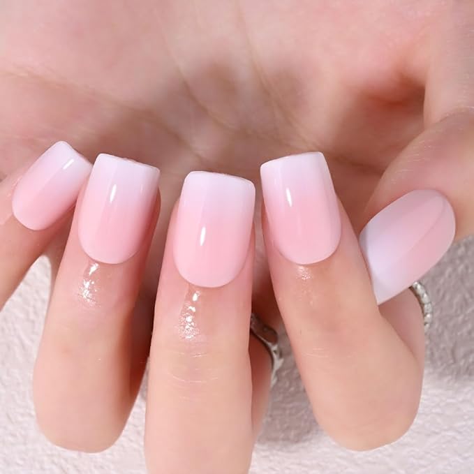 XZMeiLun Pink White Ombre French Tip Press on Nails, Short Square Acrylic Fake Nails Design, Natural Reusable Nails Kit for Women DIY False Nail Art Decoration Gift, Salon Quality Reusable 15/30 Psc