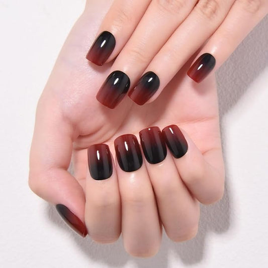 evpct Ombre Black to Red Press on Nails Extra Short, Petite Short Square Glossy Stick on Nails for Women Gift with Manicure Kit, Reusable Soft Gel Stick on Fake Nail with Ombre Designs Perfectly Fit