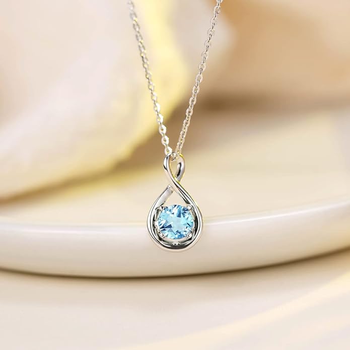 FANCIME 14K Solid Gold Birthstone Pendant with Sterling Silver Chain Infinity Gemstone Necklace Fine Jewelry Anniversary Birthday Christmas Gifts for Women Wife Her