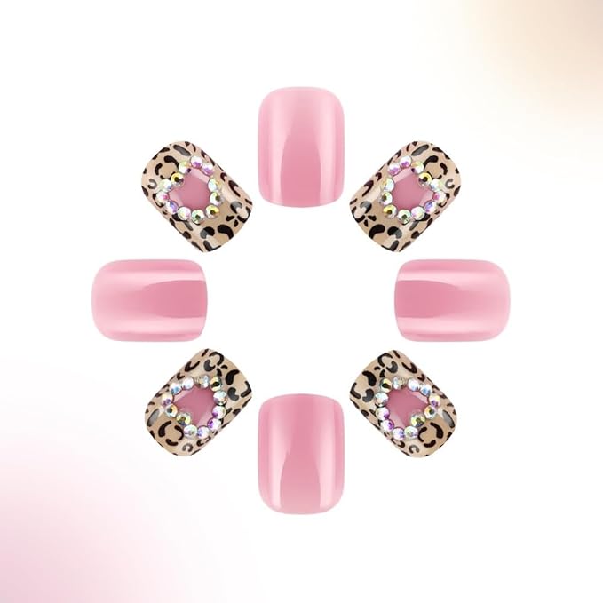 Press on Nails Short Square - Pink Fake Nails with Leopard Print Design - Heart Rhinestone Full Cover Stick on Winter False Nails for Women 24 Pcs