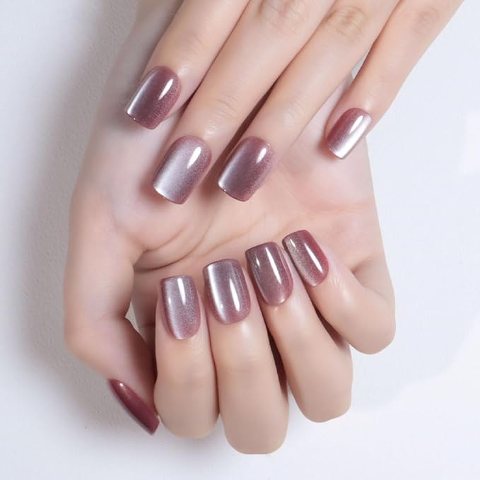 evpct Pale Mauve Cat Eye Short Press on Nails Square, Stick on Nails Short Square for Women Gift, Mauve Metallic Glitter Glossy nails press ons, Reusable Stick Press on Acrylic Fake Nail with Designs