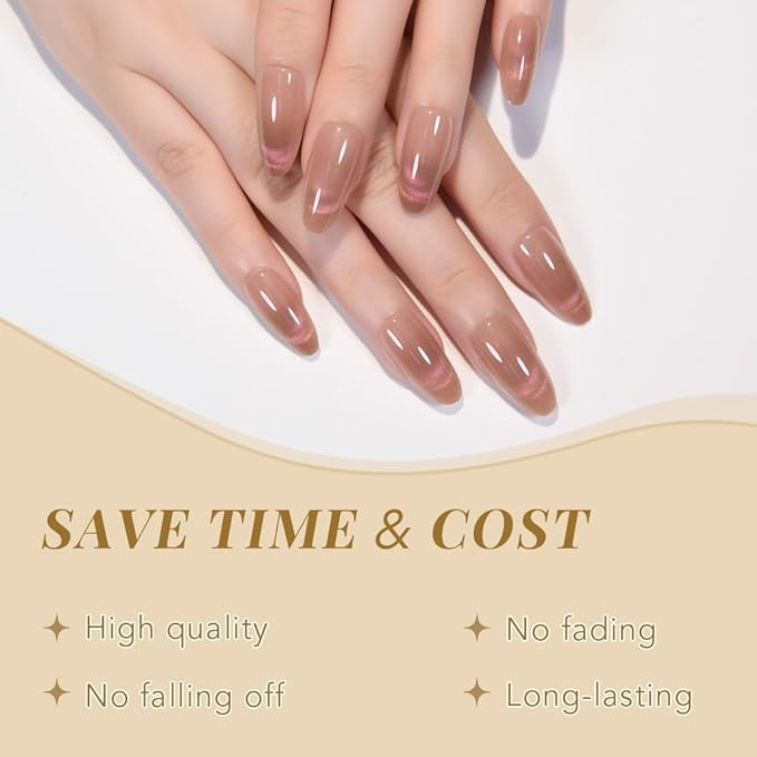 evpct Nude Brown Cat Eye Press on Nails Almond Medium, Medium Almond Stick on Nails for Women Gift, Iridescent Pink Smile Curve Metallic Glitter Reusable Gel Press on Acrylic Fake Nail with Designs