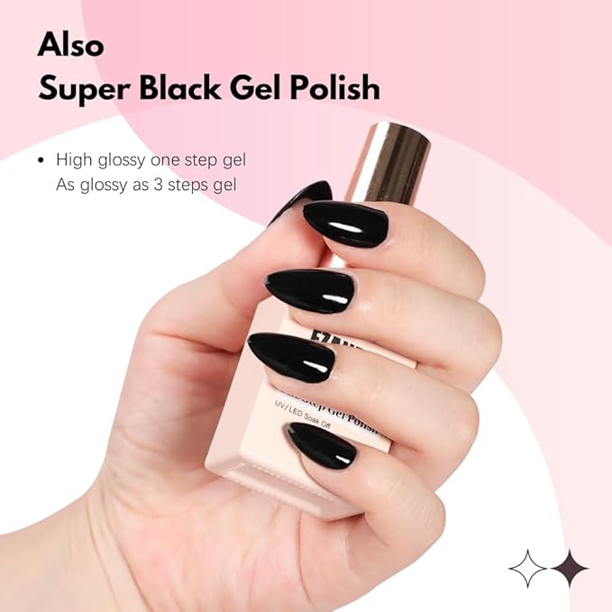 FZANEST Black Gel Polish Top Base Coat for Chrome Nail Powder, Hema-Free 3 in 1 One Step Gel Nail Polish Soak Off LED UV Nail Art Starter Manicure 15ml