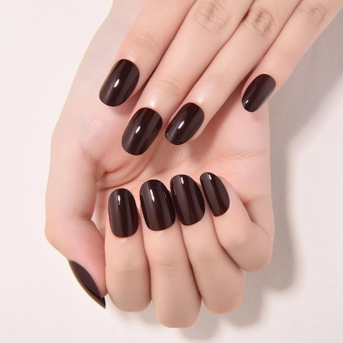 evpct Black Cocoa Medium Oval Glossy Press on Nails for Women Gift, Glossy Black Cocoa Fake Nail with Kits Manicure Kit, Soft Gel Full Cover Reusable Stick on Soft Acrylic False Nails Perfectly Fit